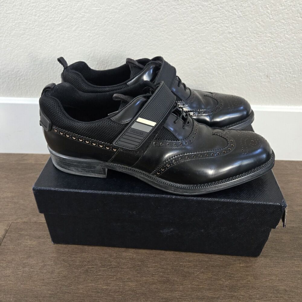 PRADA Black Leather Hook & Loop Men's Wingtin Brogues Oxfords Italy 12US